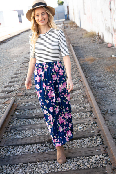 Navy Stripe and Floral Fit and Flare Maxi Dress