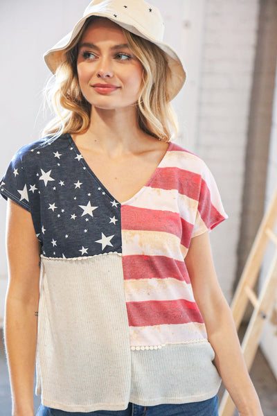 Patriotic Flag Terry Rib V Neck Crochet Top