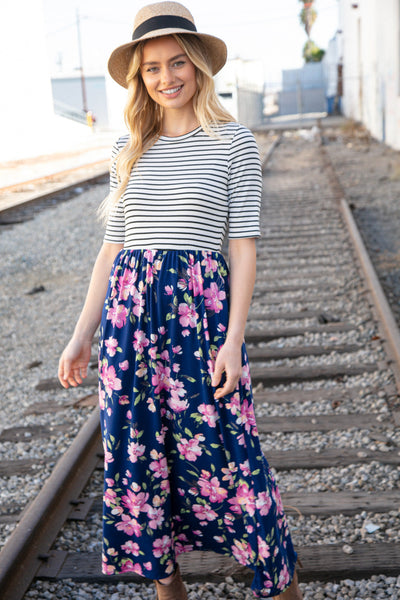 Navy Stripe and Floral Fit and Flare Maxi Dress