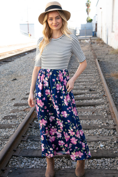 Navy Stripe and Floral Fit and Flare Maxi Dress