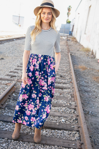 Navy Stripe and Floral Fit and Flare Maxi Dress