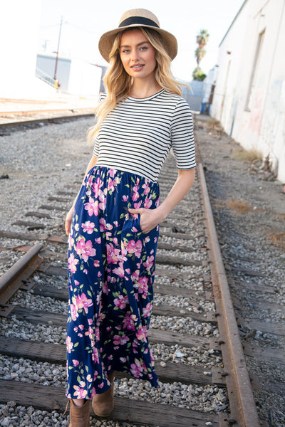 Navy Stripe and Floral Fit and Flare Maxi Dress