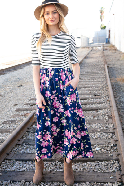 Navy Stripe and Floral Fit and Flare Maxi Dress