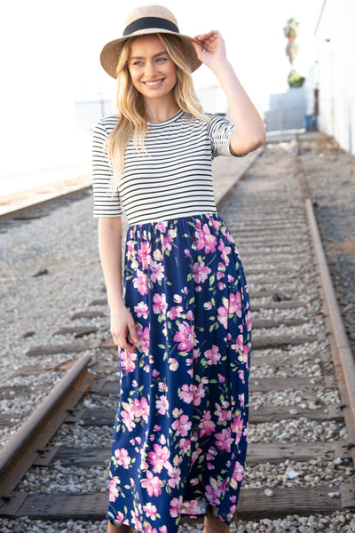 Navy Stripe and Floral Fit and Flare Maxi Dress