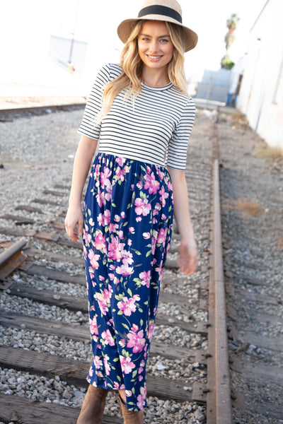 Navy Stripe and Floral Fit and Flare Maxi Dress