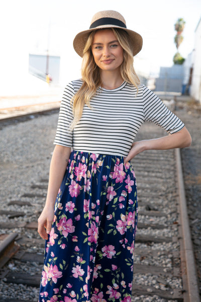 Navy Stripe and Floral Fit and Flare Maxi Dress