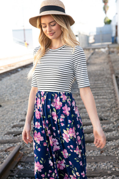 Navy Stripe and Floral Fit and Flare Maxi Dress