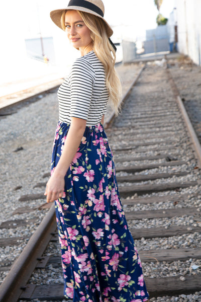 Navy Stripe and Floral Fit and Flare Maxi Dress