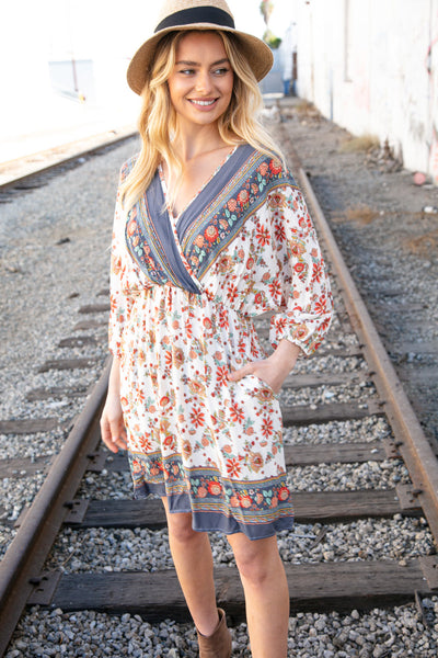 Charcoal Boho Challis Surplice Pocketed Dress