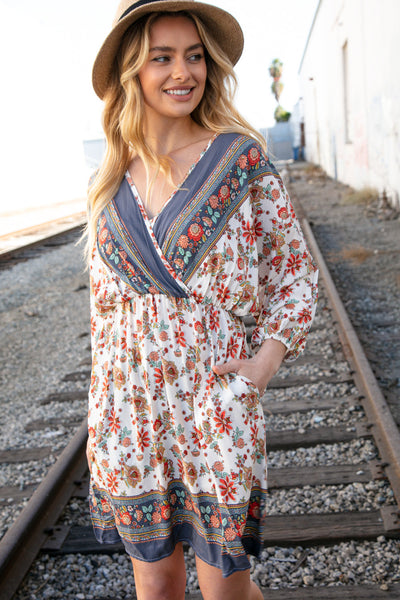 Charcoal Boho Challis Surplice Pocketed Dress