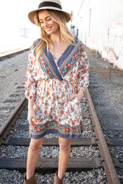 Charcoal Boho Challis Surplice Pocketed Dress