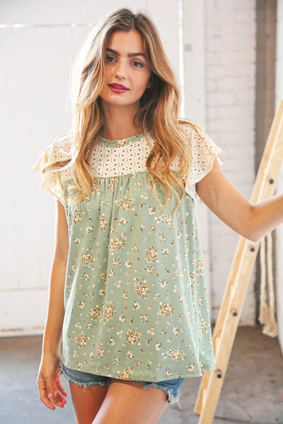 Sage Floral Print Eyelet Yoke Flutter Sleeve Top