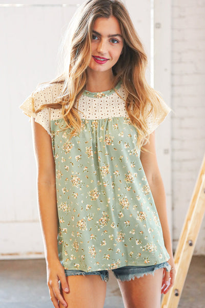 Sage Floral Print Eyelet Yoke Flutter Sleeve Top