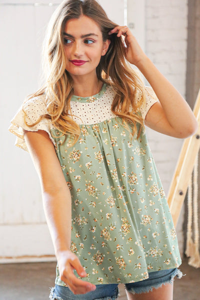 Sage Floral Print Eyelet Yoke Flutter Sleeve Top