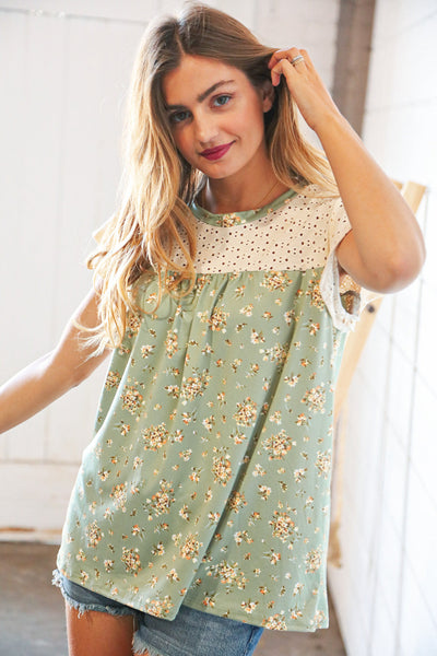 Sage Floral Print Eyelet Yoke Flutter Sleeve Top