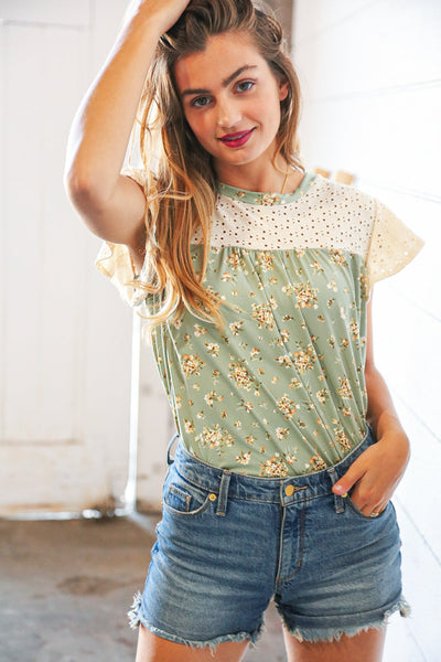 Sage Floral Print Eyelet Yoke Flutter Sleeve Top