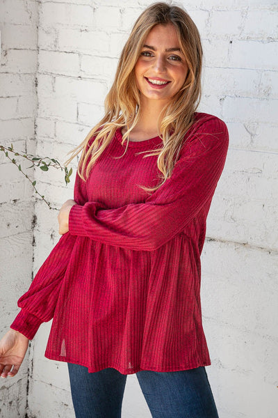 Cranberry Two Tone Rib Babydoll Bubble Sleeve Top