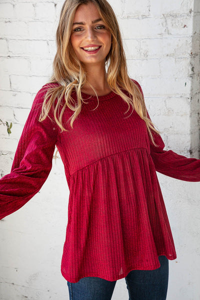 Cranberry Two Tone Rib Babydoll Bubble Sleeve Top