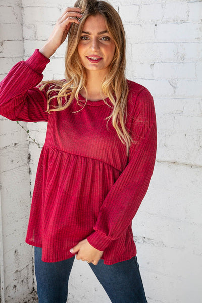 Cranberry Two Tone Rib Babydoll Bubble Sleeve Top