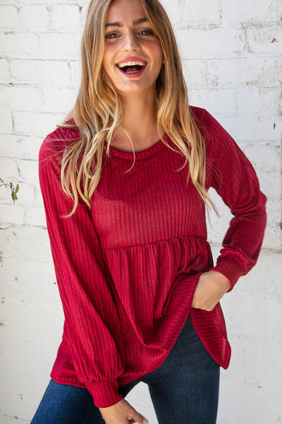 Cranberry Two Tone Rib Babydoll Bubble Sleeve Top