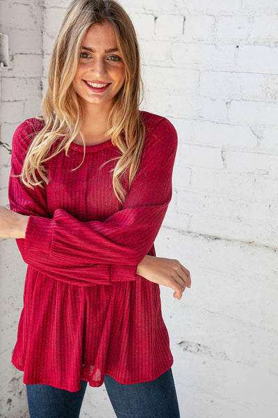 Cranberry Two Tone Rib Babydoll Bubble Sleeve Top