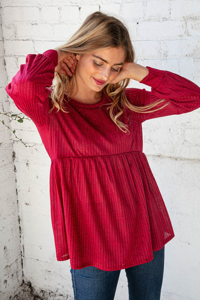 Cranberry Two Tone Rib Babydoll Bubble Sleeve Top