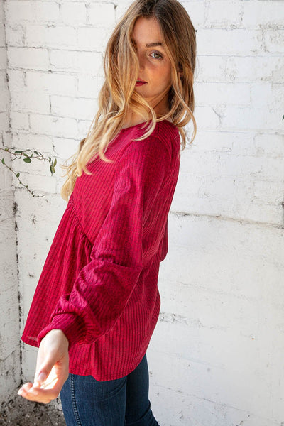 Cranberry Two Tone Rib Babydoll Bubble Sleeve Top