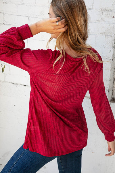 Cranberry Two Tone Rib Babydoll Bubble Sleeve Top