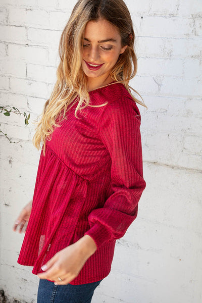 Cranberry Two Tone Rib Babydoll Bubble Sleeve Top