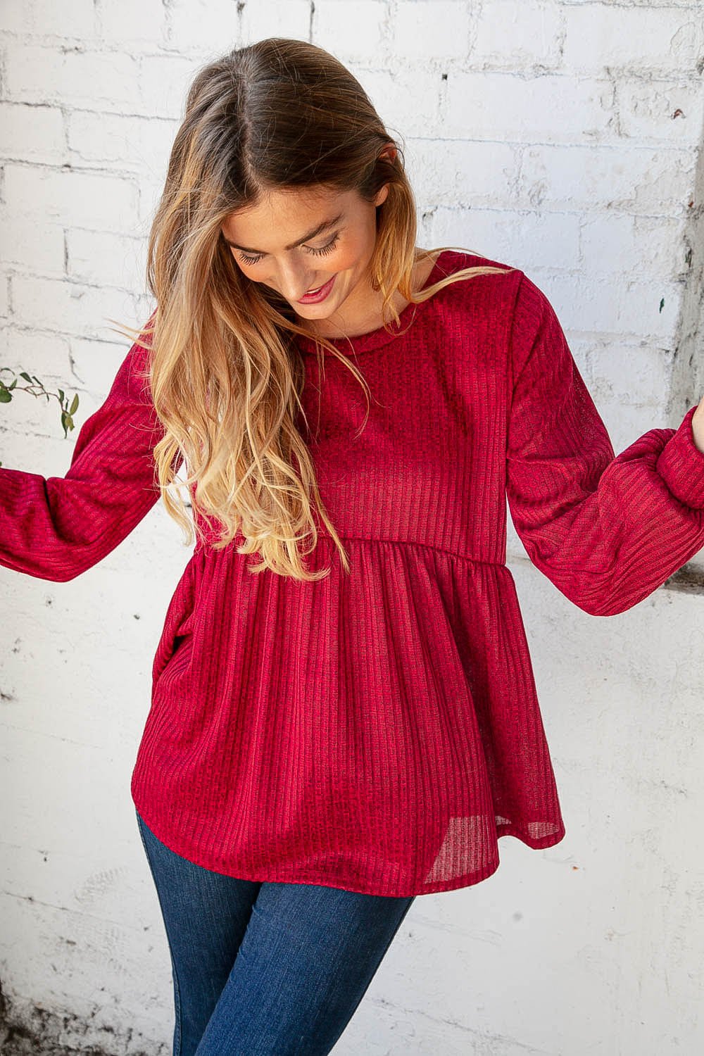 Cranberry Two Tone Rib Babydoll Bubble Sleeve Top