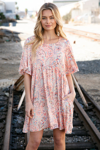 Peach Floral Paisley Square Neck Pocketed Dress