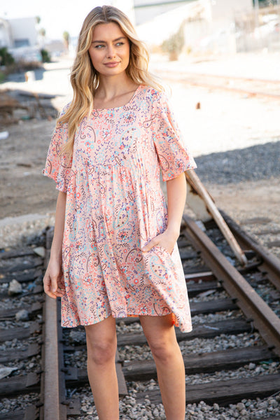 Peach Floral Paisley Square Neck Pocketed Dress