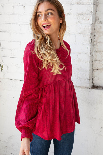 Cranberry Two Tone Rib Babydoll Bubble Sleeve Top