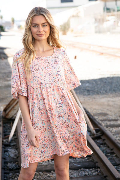 Peach Floral Paisley Square Neck Pocketed Dress