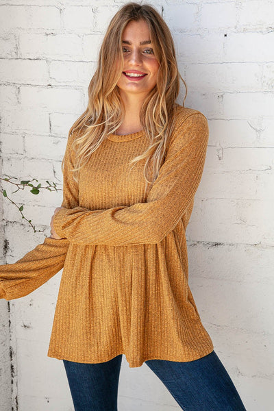 Sunflower Two Tone Rib Babydoll Bubble Sleeve Top