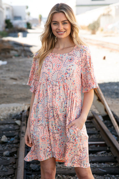 Peach Floral Paisley Square Neck Pocketed Dress