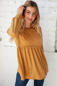 Sunflower Two Tone Rib Babydoll Bubble Sleeve Top