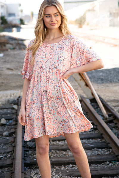 Peach Floral Paisley Square Neck Pocketed Dress