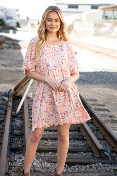 Peach Floral Paisley Square Neck Pocketed Dress