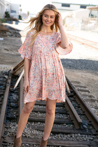 Peach Floral Paisley Square Neck Pocketed Dress