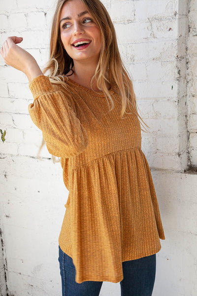 Sunflower Two Tone Rib Babydoll Bubble Sleeve Top