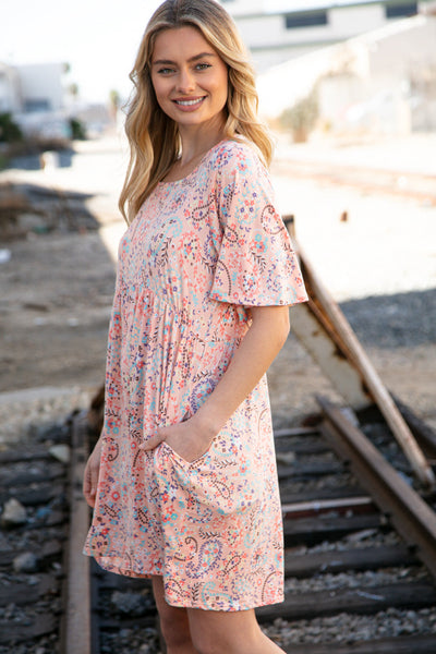 Peach Floral Paisley Square Neck Pocketed Dress