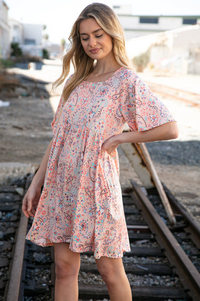 Peach Floral Paisley Square Neck Pocketed Dress