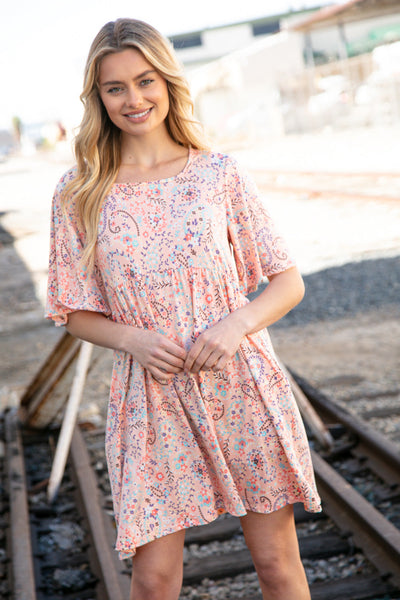 Peach Floral Paisley Square Neck Pocketed Dress