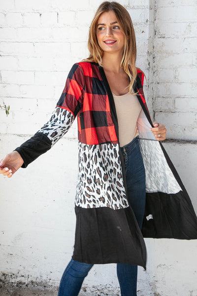 Plaid Leopard Color Block Knit Open Cardigan