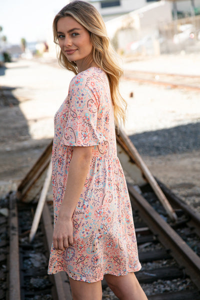 Peach Floral Paisley Square Neck Pocketed Dress