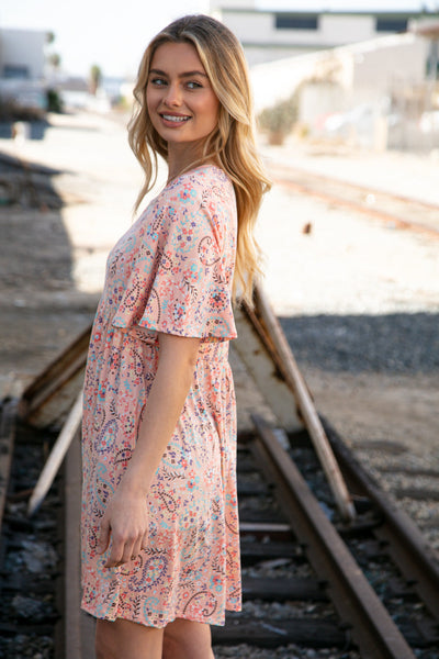 Peach Floral Paisley Square Neck Pocketed Dress