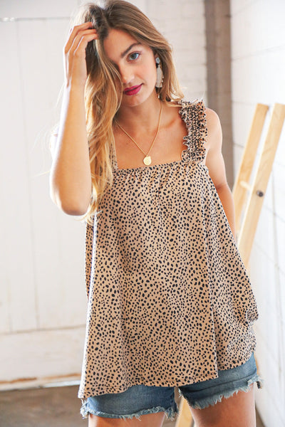 Dotted Leopard Smocked Frill Shoulder Strap Top