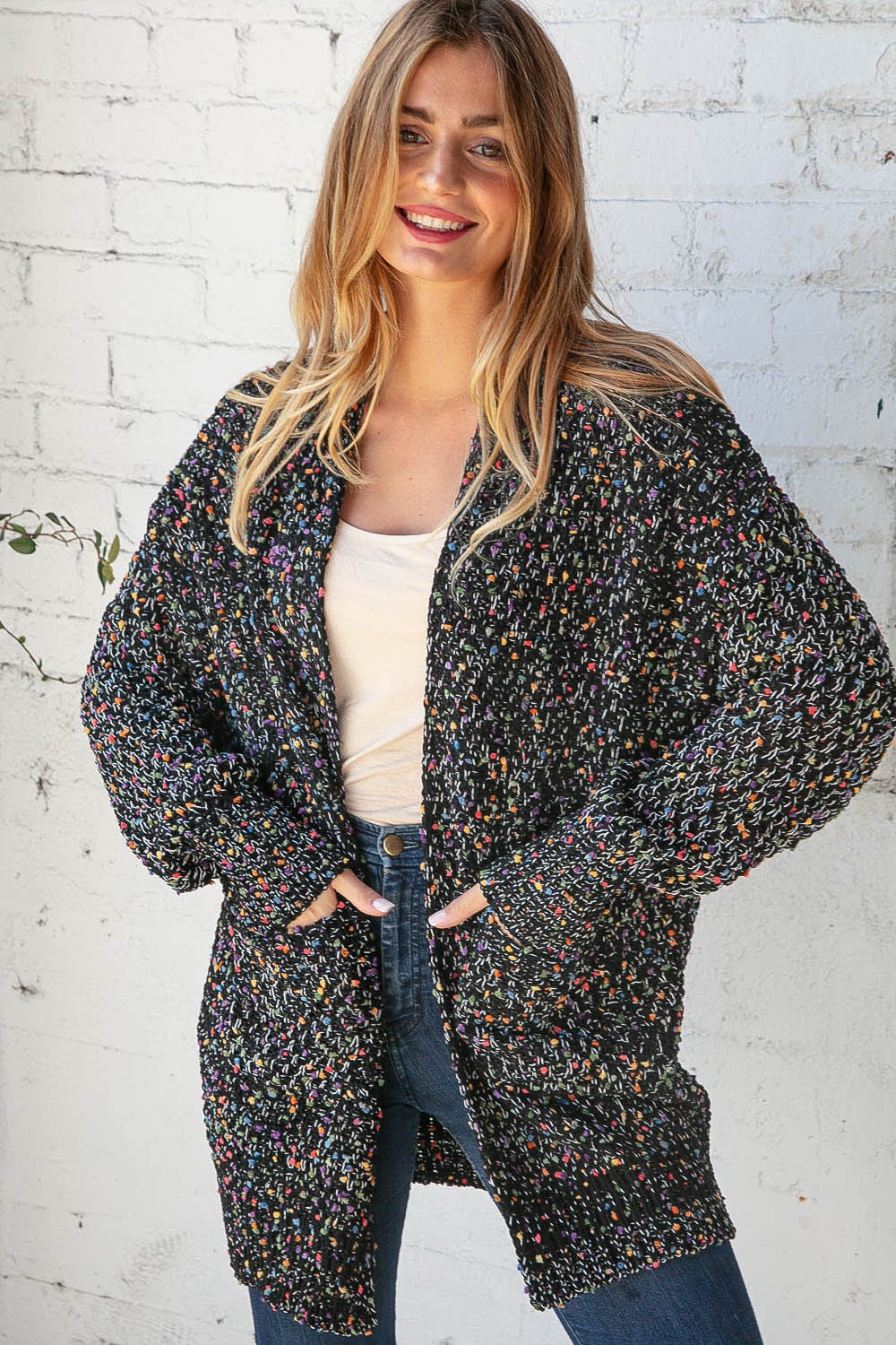 Popcorn Block Confetti Open Sweater Cardigan