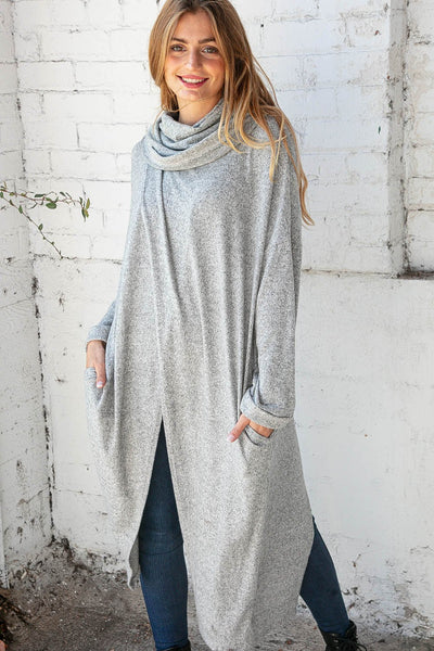 Brushed Hacci Wrap Turtleneck Maxi Open Cardigan